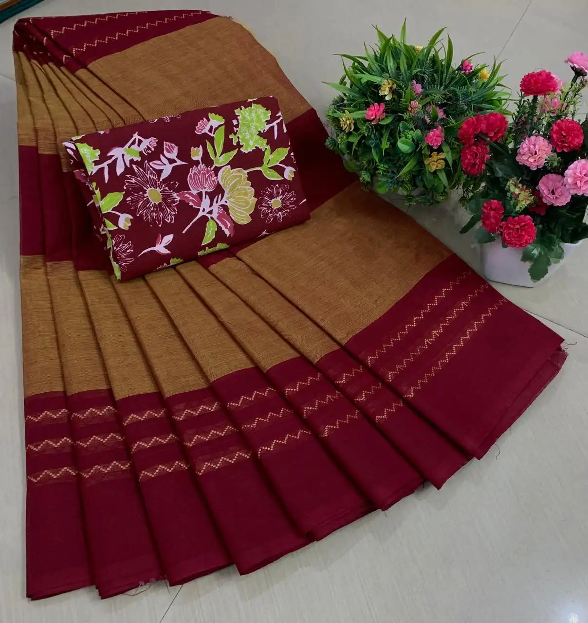 Mustard Maroon Contrast Zari Border Floral Pure Cotton Saree